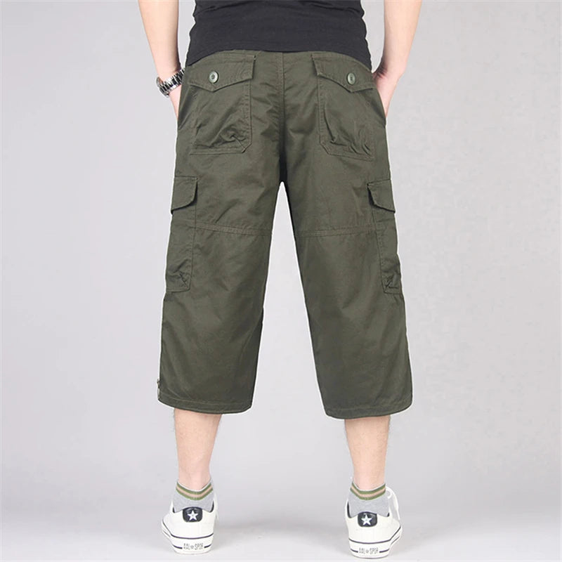 Men's Long Cargo Shorts — Multi-Pocket Military Tactical Cotton Capri Pants