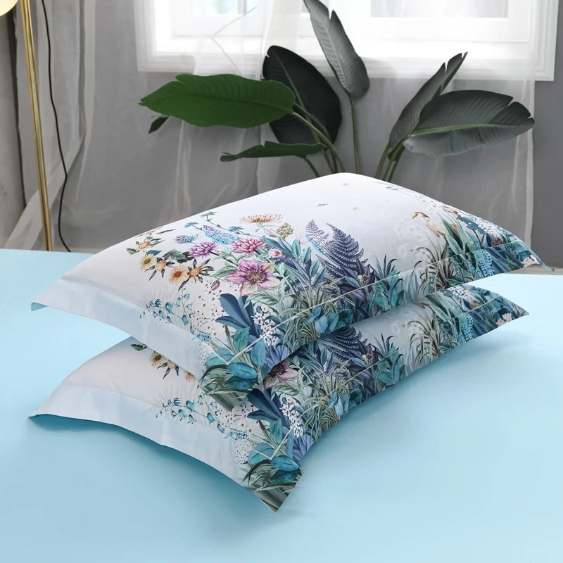 600TC Egyptian Cotton Bedding Set – Birds & Flowers Leaf Print, 16 Colors, Queen to US King