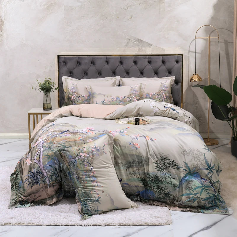 600TC Egyptian Cotton Bedding Set – Birds & Flowers Leaf Print, 16 Colors, Queen to US King