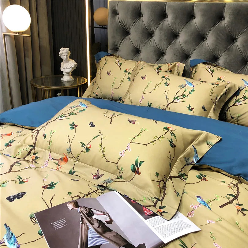 600TC Egyptian Cotton Bedding Set – Birds & Flowers Leaf Print, 16 Colors, Queen to US King