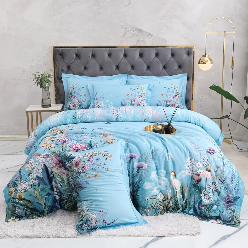 600TC Egyptian Cotton Bedding Set – Birds & Flowers Leaf Print, 16 Colors, Queen to US King