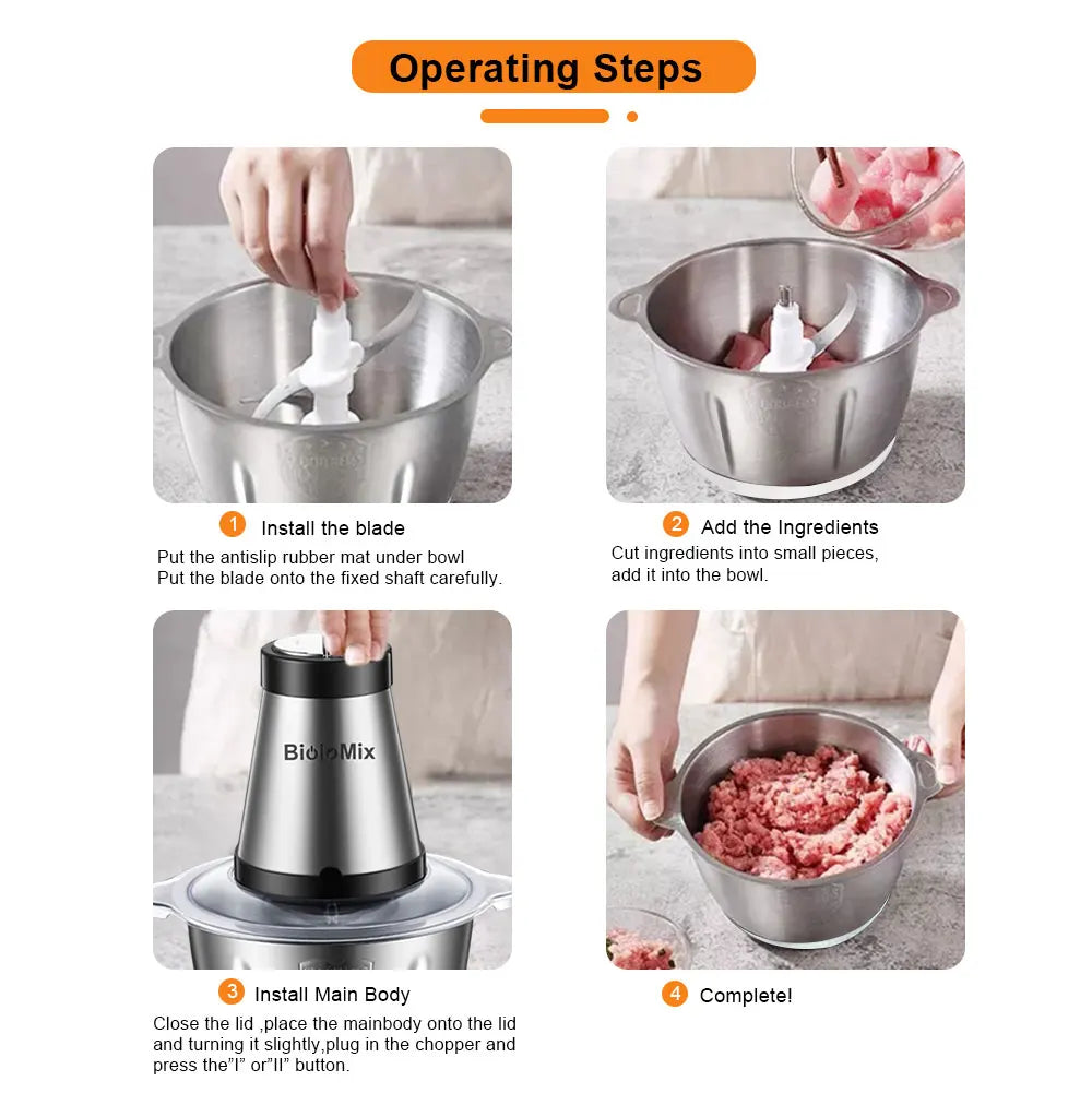 BioloMix 500W Electric Meat Grinder & Food Processor – 2L Stainless Steel, 2-Speed Chopper, Mincer & Slicer
