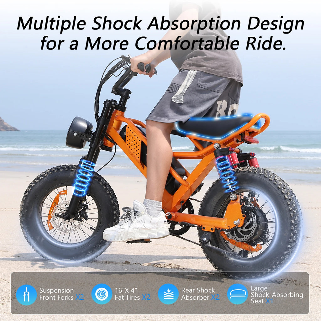 750W 16" Full Suspension Fat Tire Electric Mountain Bike — 48V Class 2 E-Bike (US Stock)