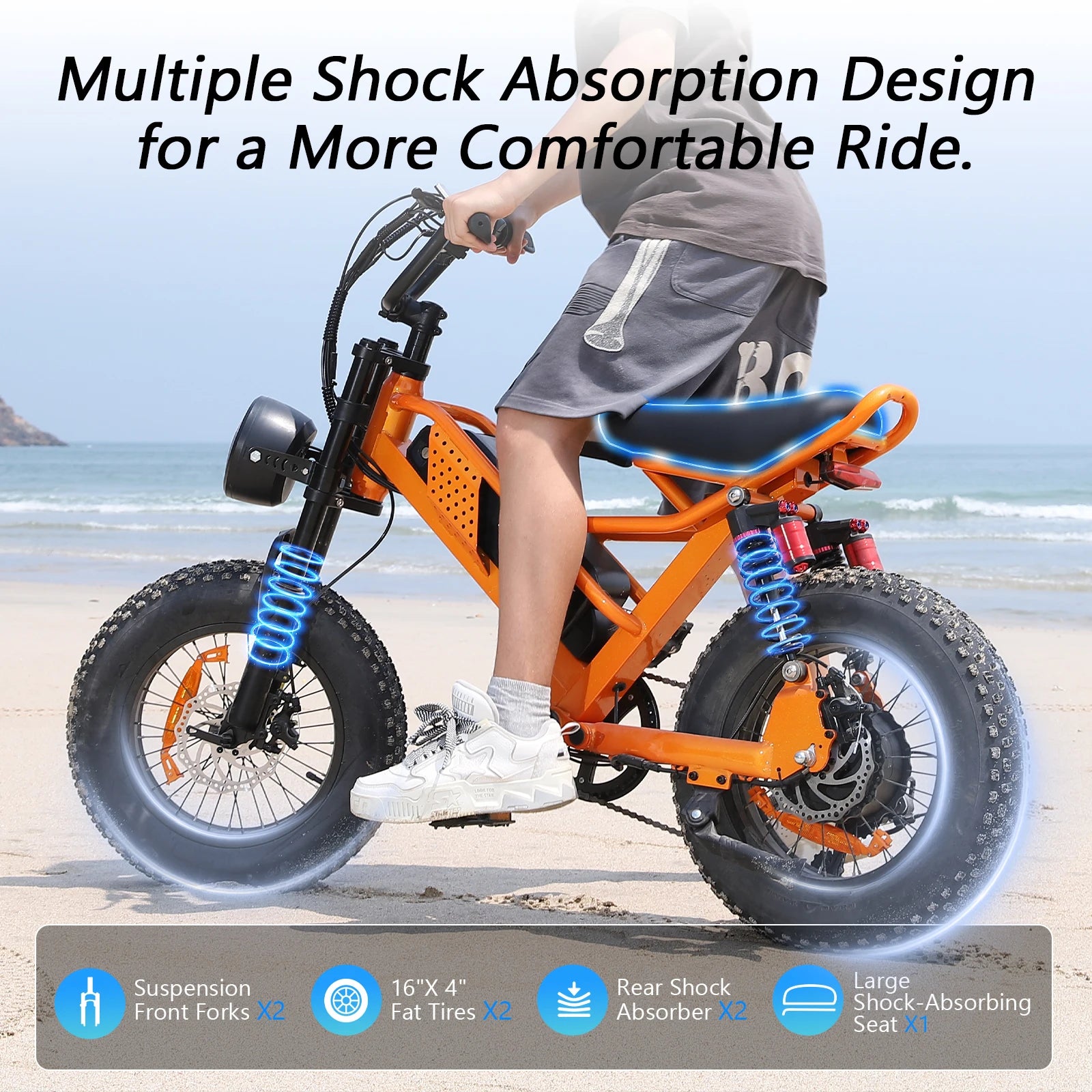 750W 16" Full Suspension Fat Tire Electric Mountain Bike — 48V Class 2 E-Bike (US Stock)