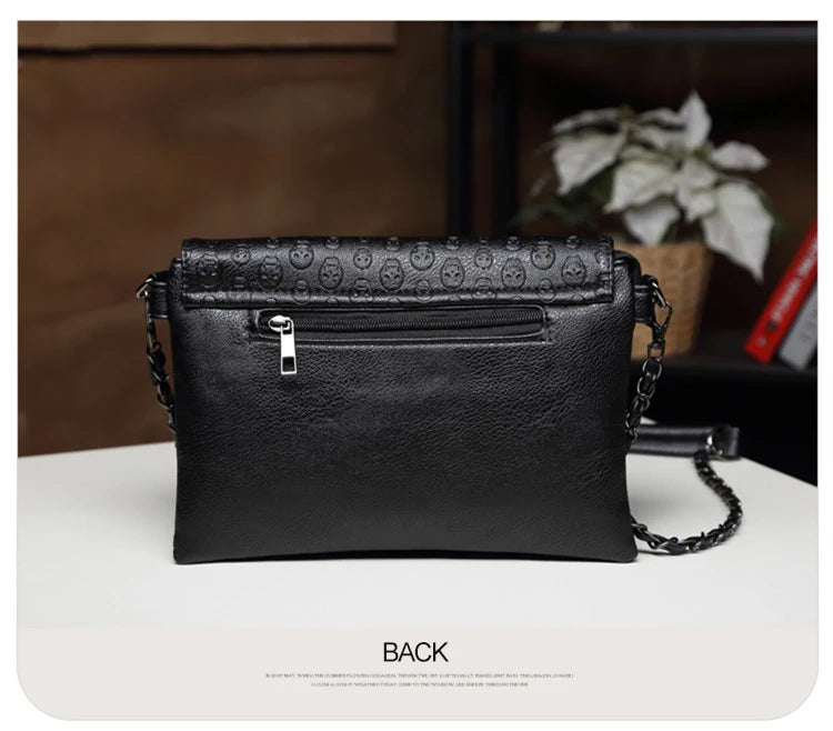 JIEROTYX England Style Skull Print PU Leather Crossbody Bag – Rivet Chain Shoulder Clutch for Women