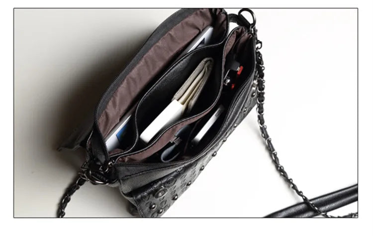 JIEROTYX England Style Skull Print PU Leather Crossbody Bag – Rivet Chain Shoulder Clutch for Women