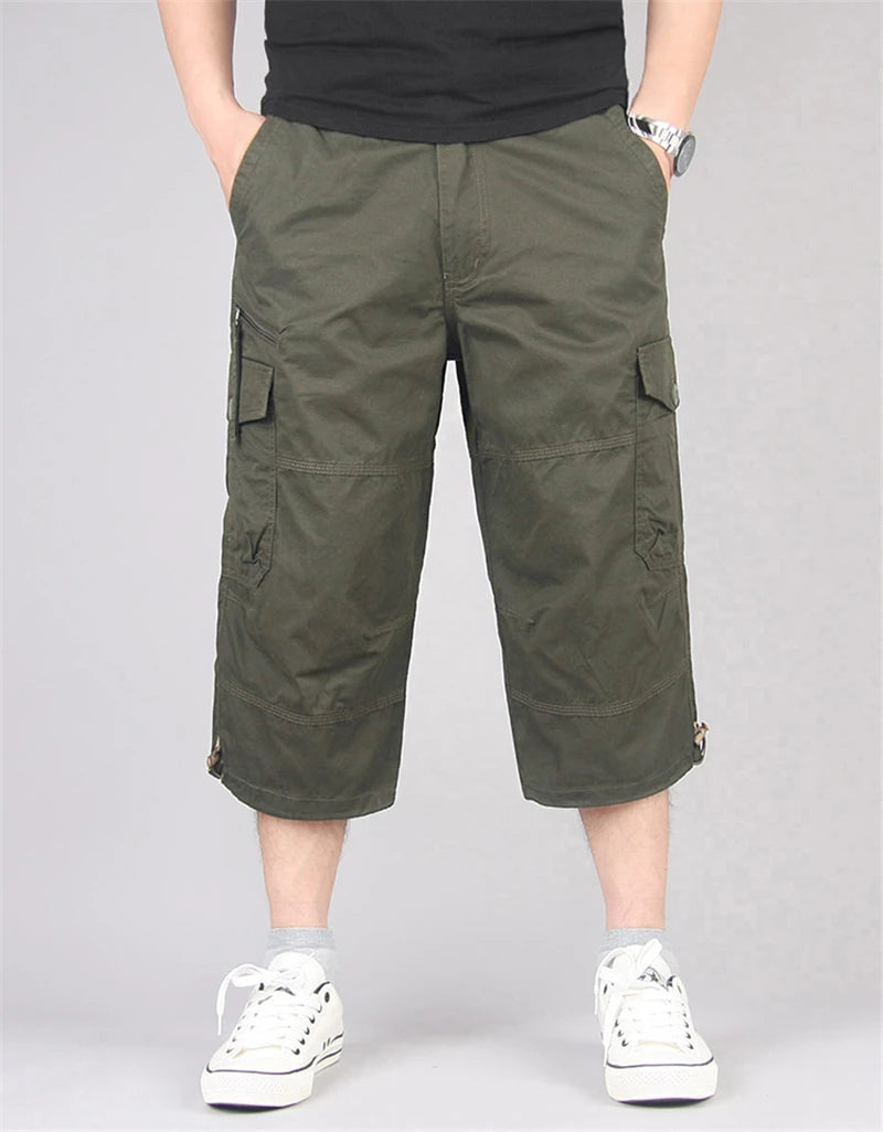 Men's Long Cargo Shorts — Multi-Pocket Military Tactical Cotton Capri Pants