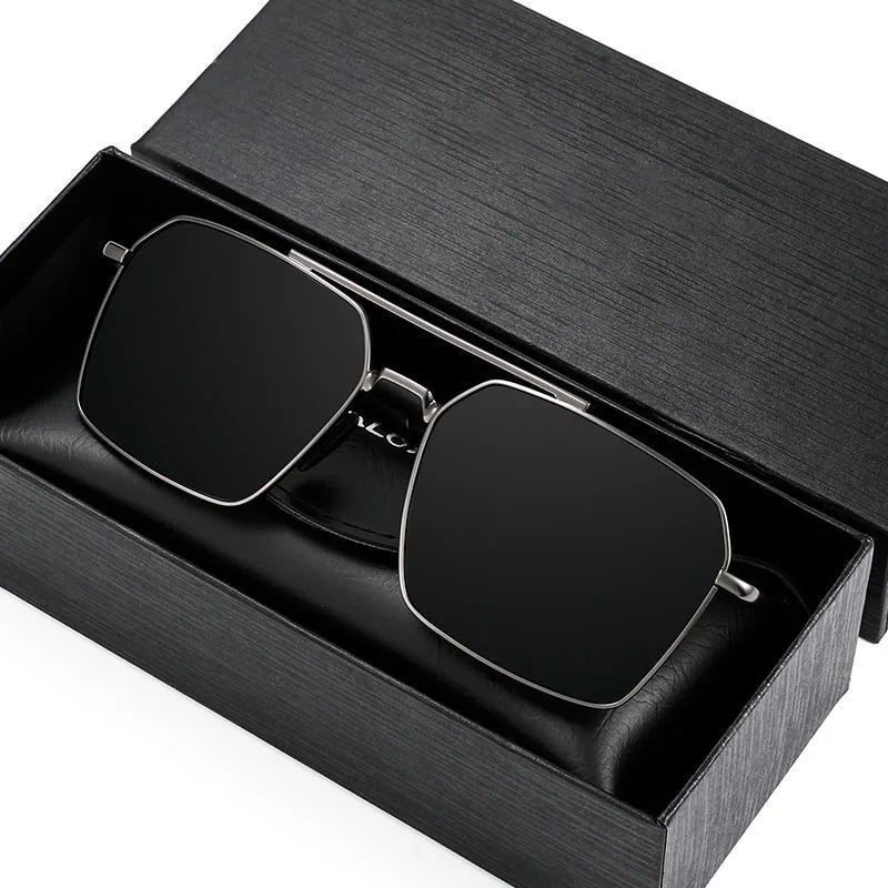 Day & Night Square Frame Polarized Sunglasses | Black Silver UV Protection Driving Glasses