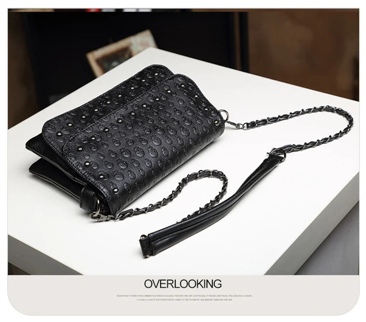 JIEROTYX England Style Skull Print PU Leather Crossbody Bag – Rivet Chain Shoulder Clutch for Women