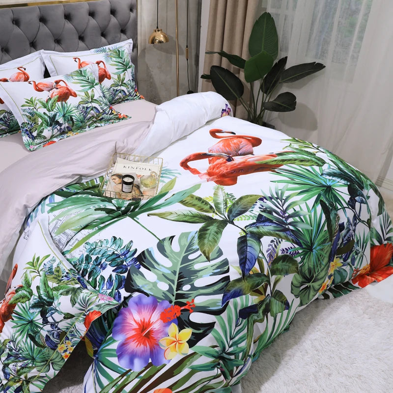 600TC Egyptian Cotton Bedding Set – Birds & Flowers Leaf Print, 16 Colors, Queen to US King