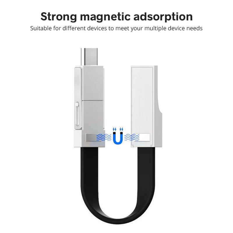 3-in-1 Magnetic Keychain USB Cable – Micro USB, USB-C & Lightning for iPhone & Android