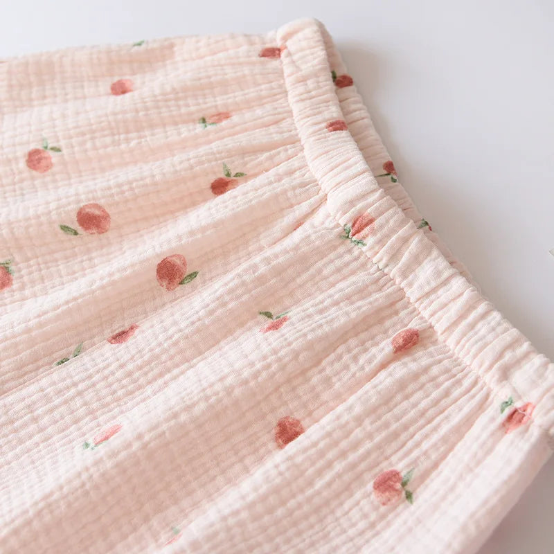Women's 100% Cotton Short Sleeve Shorts Pajamas Set | Thin Crepe Cloth Spring Autumn Loose Homewear