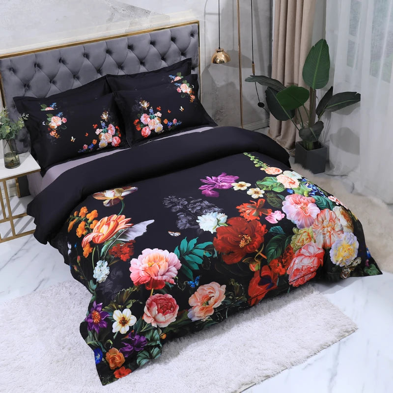 600TC Egyptian Cotton Bedding Set – Birds & Flowers Leaf Print, 16 Colors, Queen to US King