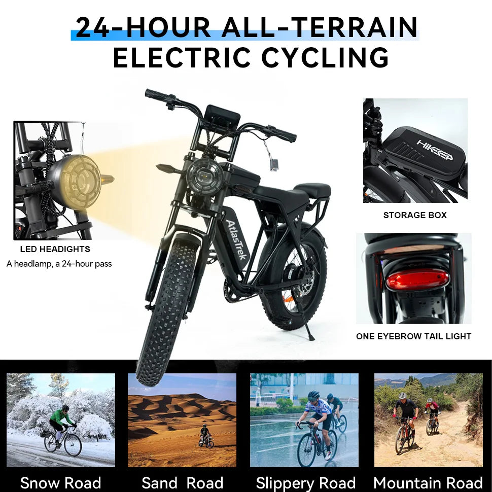 AtlasTrek X5 250W Waterproof Fat Tire Electric Mountain Bike — 48V 15Ah 20" 3-Speed Adult E-Bike