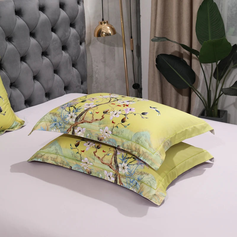 600TC Egyptian Cotton Bedding Set – Birds & Flowers Leaf Print, 16 Colors, Queen to US King