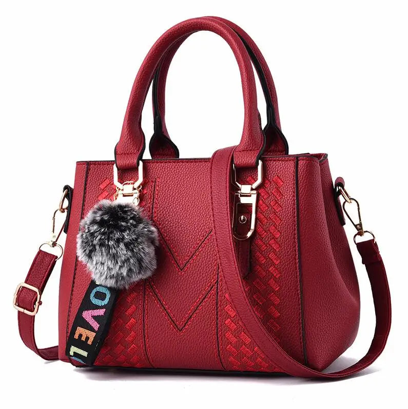 Embroidery Leather Messenger Bag – Women's Handbag with Hair Ball Charm in 12 Colors