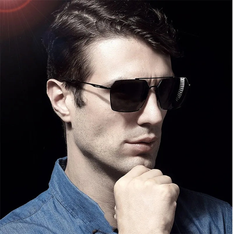 Day & Night Square Frame Polarized Sunglasses | Black Silver UV Protection Driving Glasses