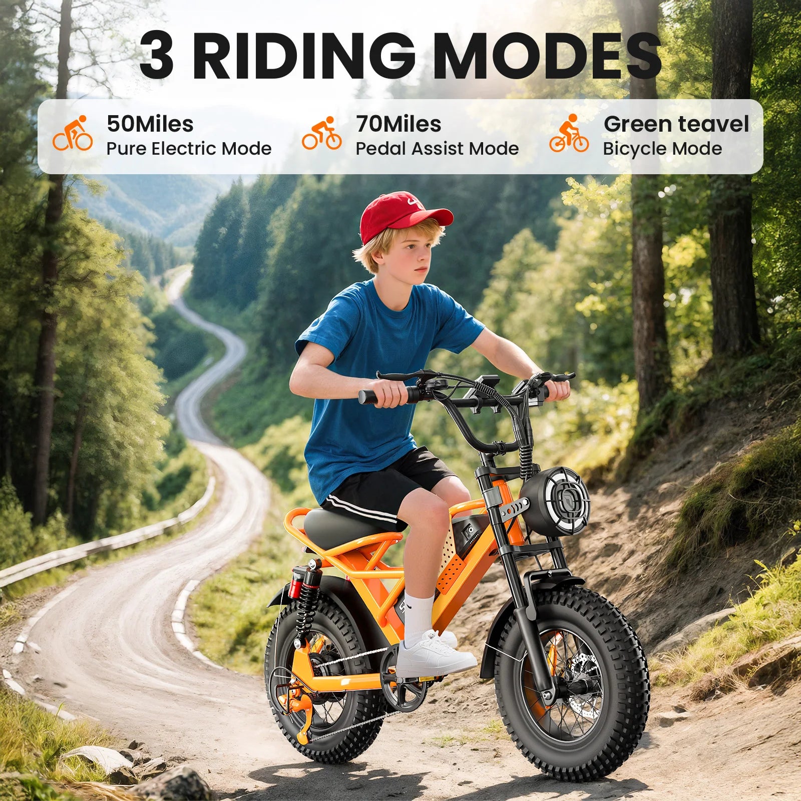 750W 16" Full Suspension Fat Tire Electric Mountain Bike for Kids — 48V 6-Speed (US Stock)