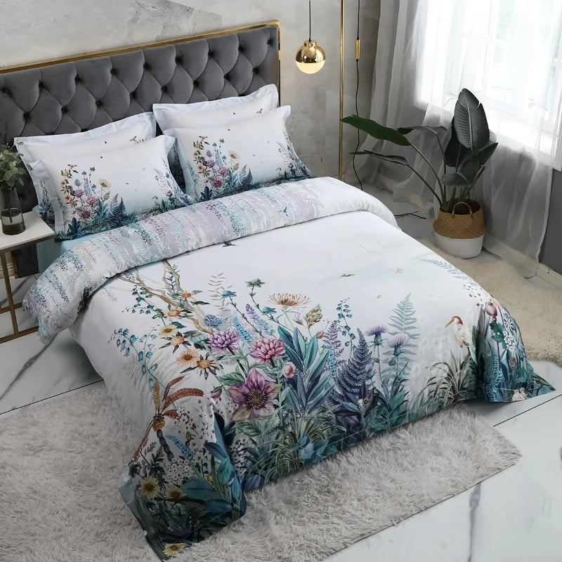 600TC Egyptian Cotton Bedding Set – Birds & Flowers Leaf Print, 16 Colors, Queen to US King