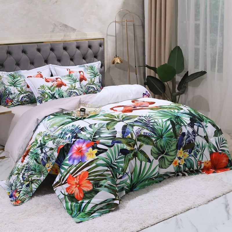 600TC Egyptian Cotton Bedding Set – Birds & Flowers Leaf Print, 16 Colors, Queen to US King