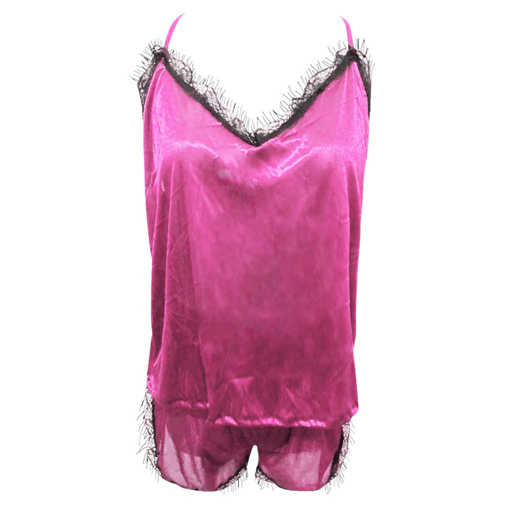 Lace V-Neck Satin Pajama Set — 2-Piece Sexy Sleepwear