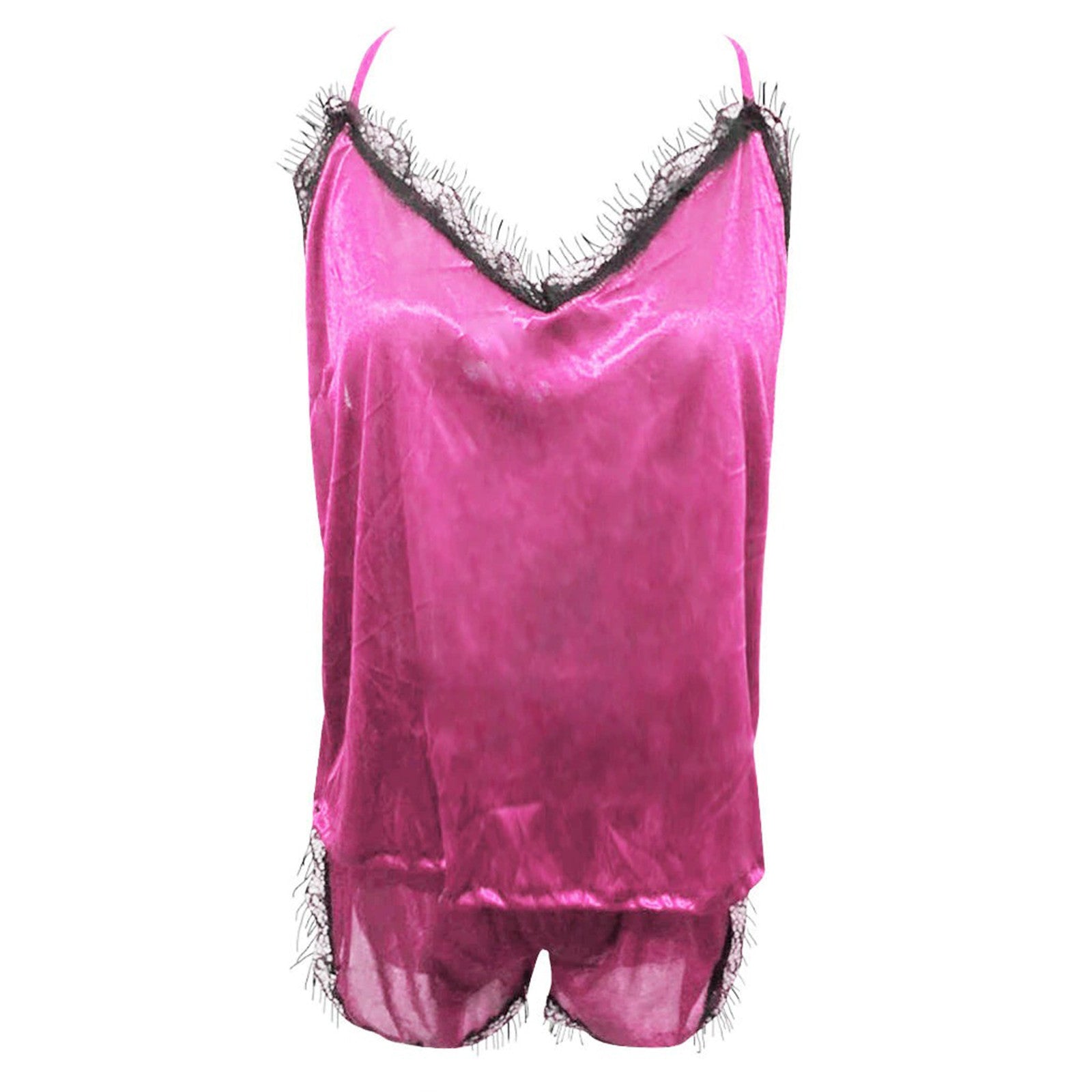 Lace V-Neck Satin Pajama Set — 2-Piece Sexy Sleepwear