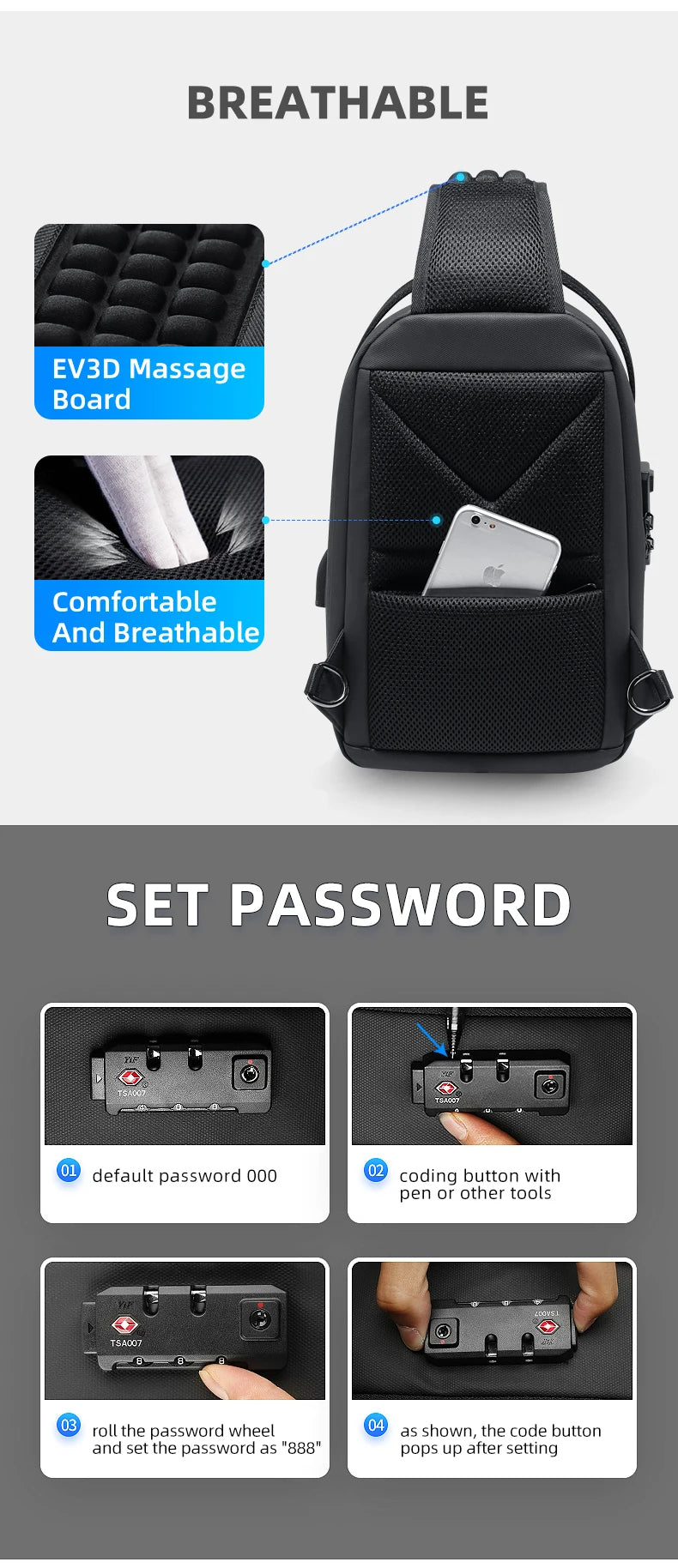 FENRUIEN Anti-Theft Waterproof Chest Pack – USB Charging Crossbody Shoulder Bag for Men