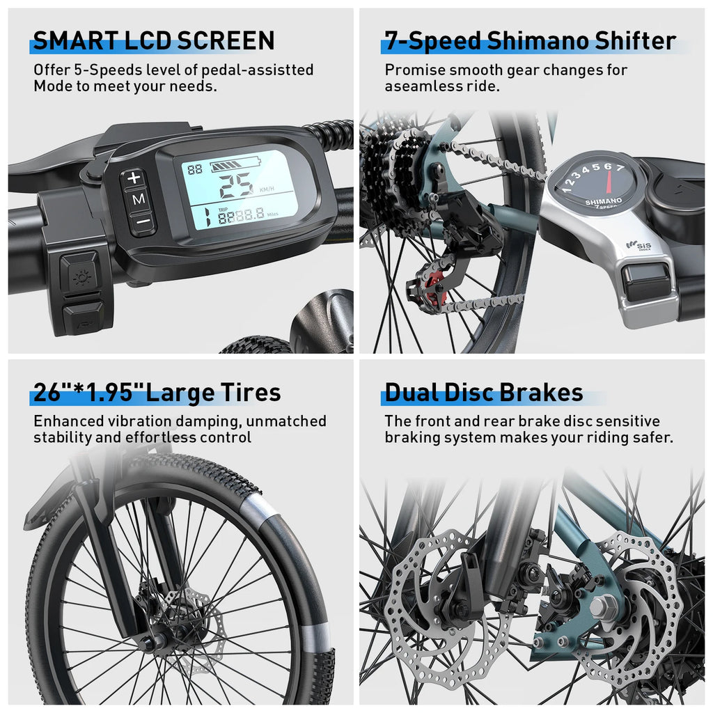 AtlasTrek 250W Road & City Electric Mountain Bike — 36V 10Ah 26" Unisex Commuter E-Bike