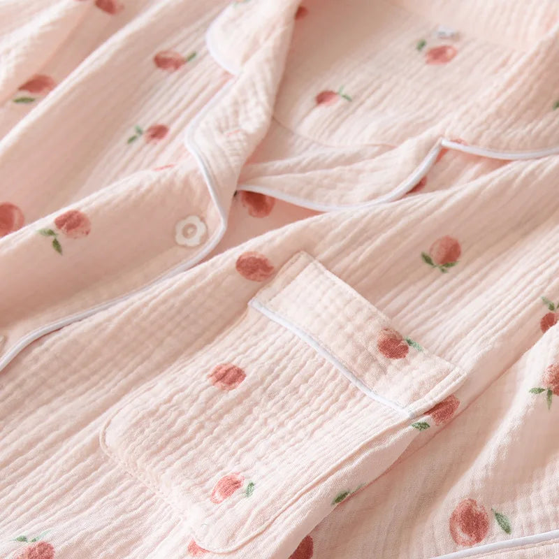 Women's 100% Cotton Short Sleeve Shorts Pajamas Set | Thin Crepe Cloth Spring Autumn Loose Homewear