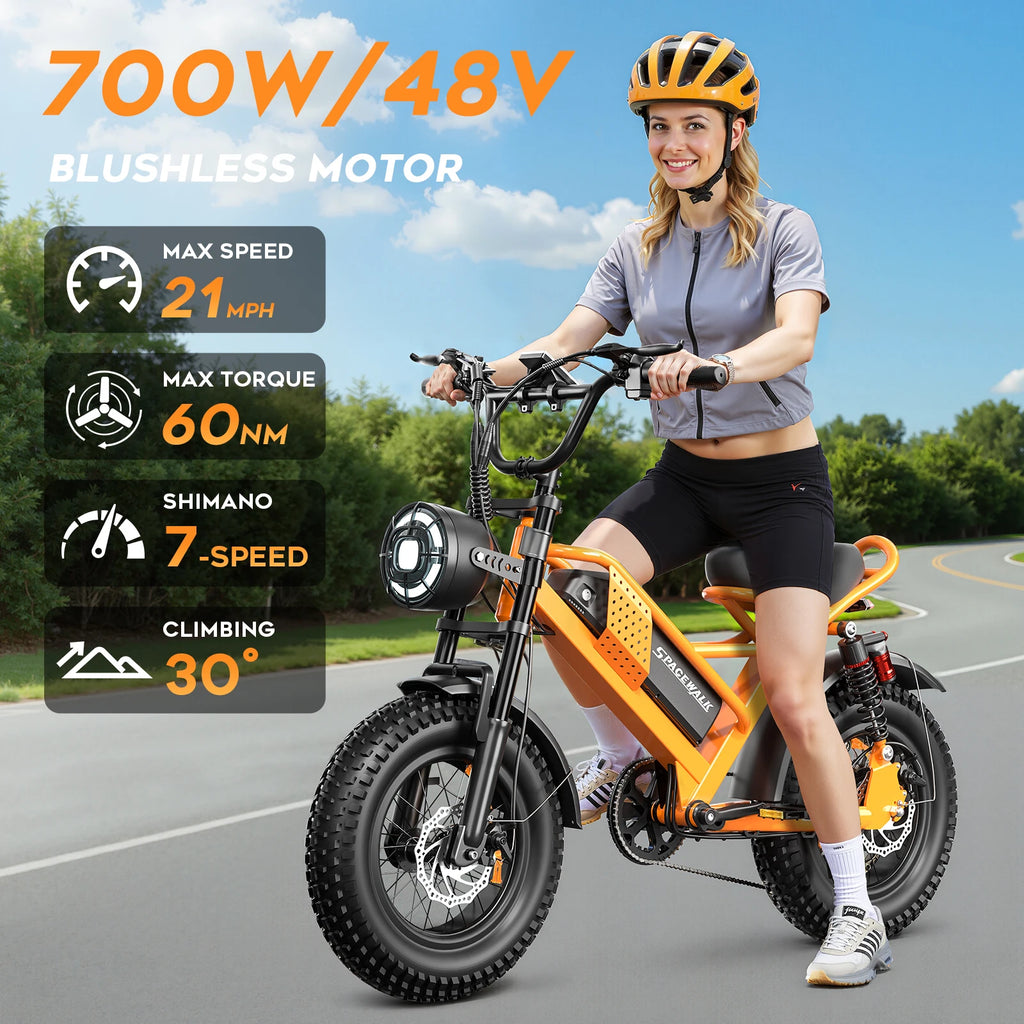 750W 16" Full Suspension Fat Tire Electric Mountain Bike — 48V Class 2 E-Bike (US Stock)
