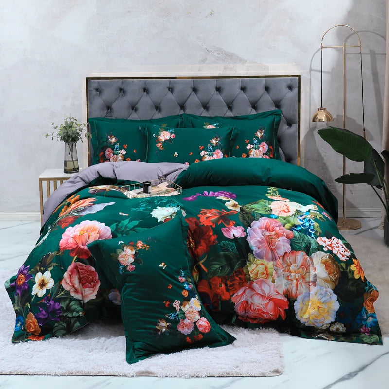 600TC Egyptian Cotton Bedding Set – Birds & Flowers Leaf Print, 16 Colors, Queen to US King