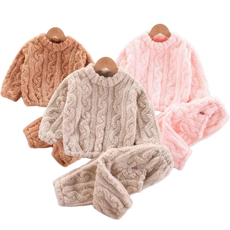 Kids' Warm Plus Velvet Pajama Sets | Fashion Print Pullover & Pants 2-Piece Outfits 1-14 Years