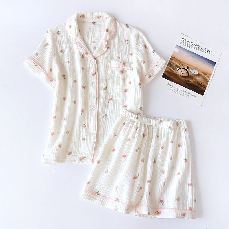 Women's 100% Cotton Short Sleeve Shorts Pajamas Set | Thin Crepe Cloth Spring Autumn Loose Homewear