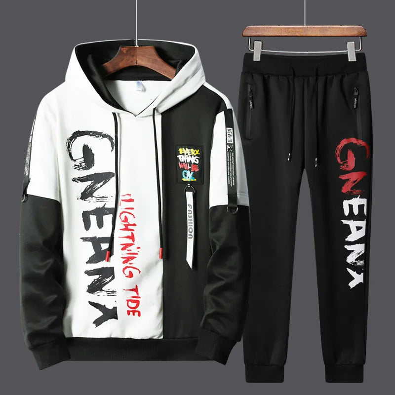 Men's Patchwork Hoodie & Sweatpants 2-Piece Tracksuit – Hip Hop Streetwear Set