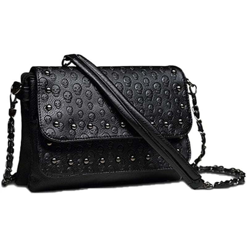 JIEROTYX England Style Skull Print PU Leather Crossbody Bag – Rivet Chain Shoulder Clutch for Women