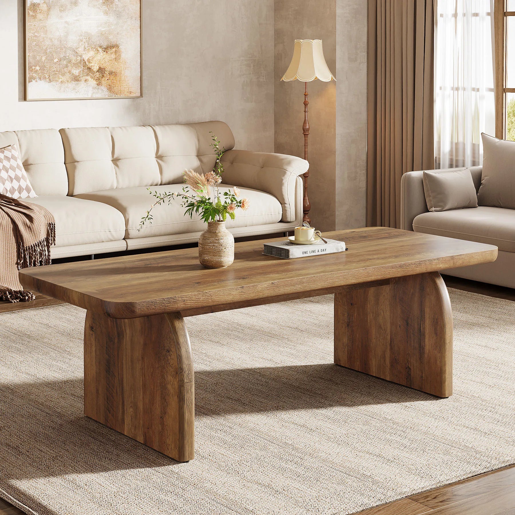 US Local 47 Inch Farmhouse Rectangular Coffee Table Wooden Rounded Corners Modern Low Center Side Table for Living Room