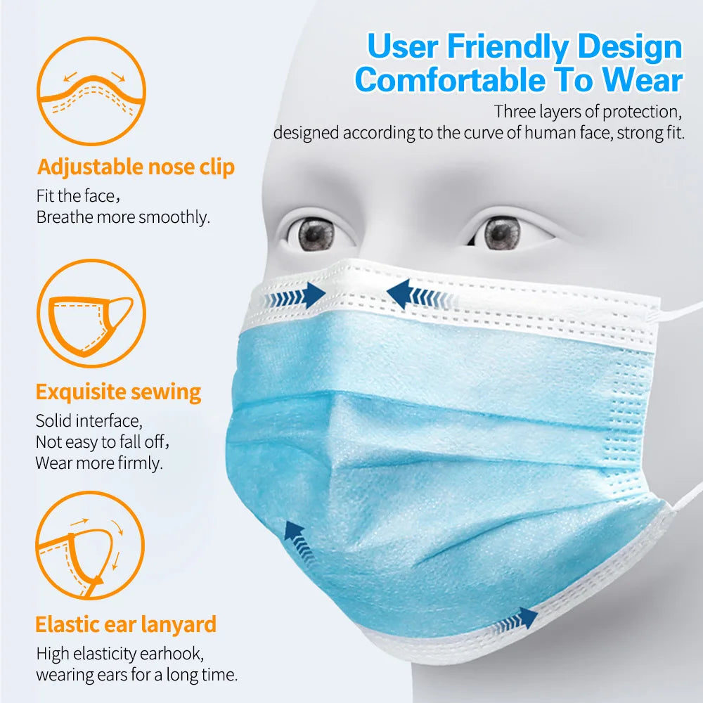 Breathe Easy. Stay Protected. — 3-Layer Disposable Face Masks | 50pcs, Melt-Blown Cloth, Anti-Dust, Earloop, 4 Colors
