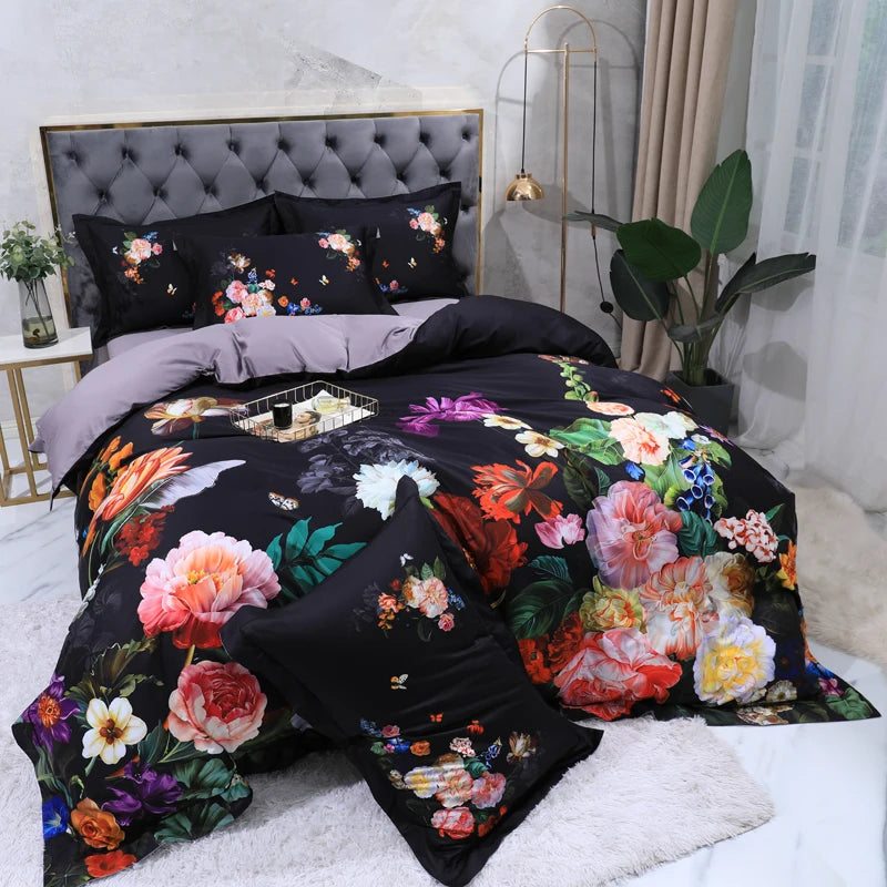 600TC Egyptian Cotton Bedding Set – Birds & Flowers Leaf Print, 16 Colors, Queen to US King