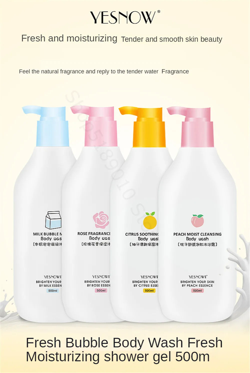 Fruit Fresh Moisturizing Bubble Body Wash 500ml – Peach & Milk Shower Gel for Soft, Bright Skin