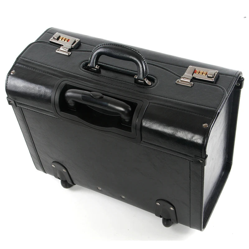 Retro PU Pilot Rolling Luggage – Cabin Trolley Suitcase