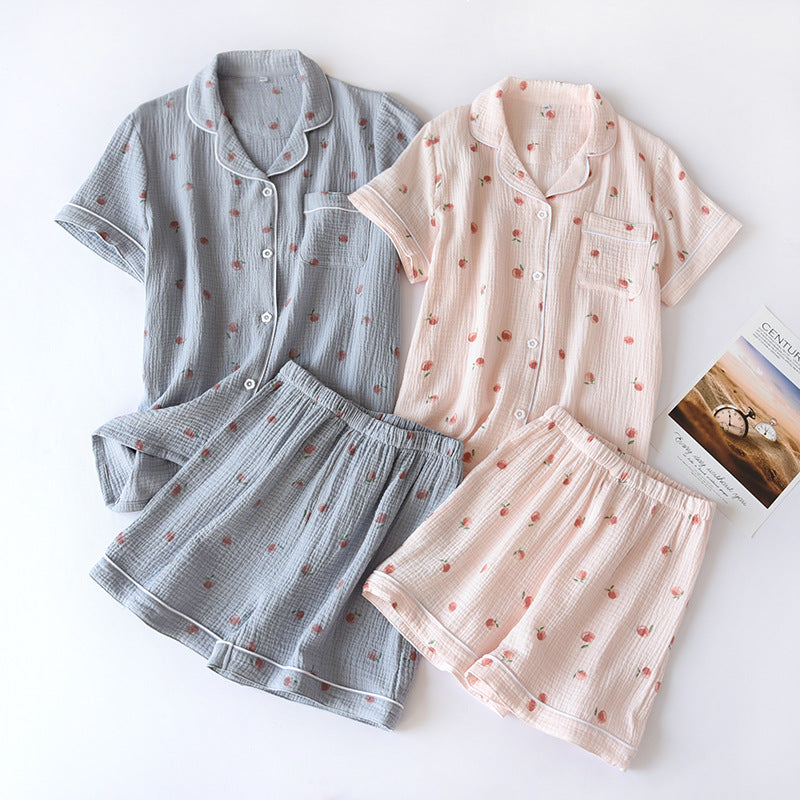Women's 100% Cotton Short Sleeve Shorts Pajamas Set | Thin Crepe Cloth Spring Autumn Loose Homewear