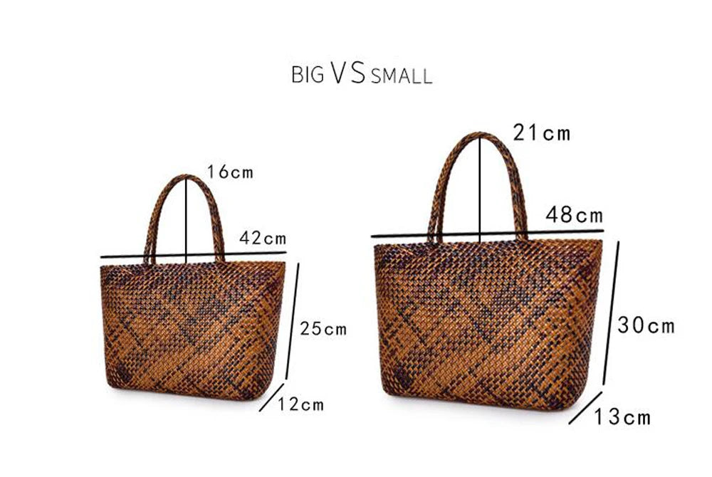 Handmade Woven Cowhide Leather Bucket Tote Bag – Romantic Beach Shoulder Handbag for Women