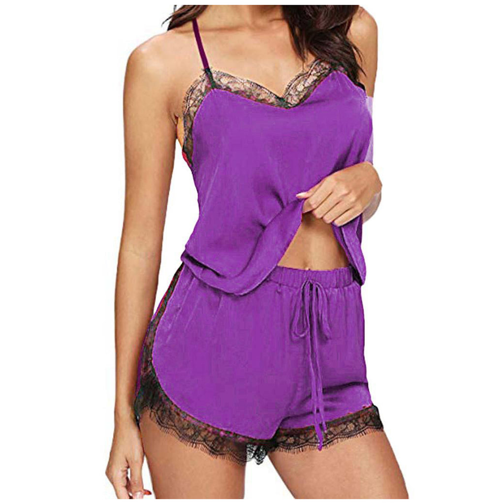 Lace V-Neck Satin Pajama Set — 2-Piece Sexy Sleepwear
