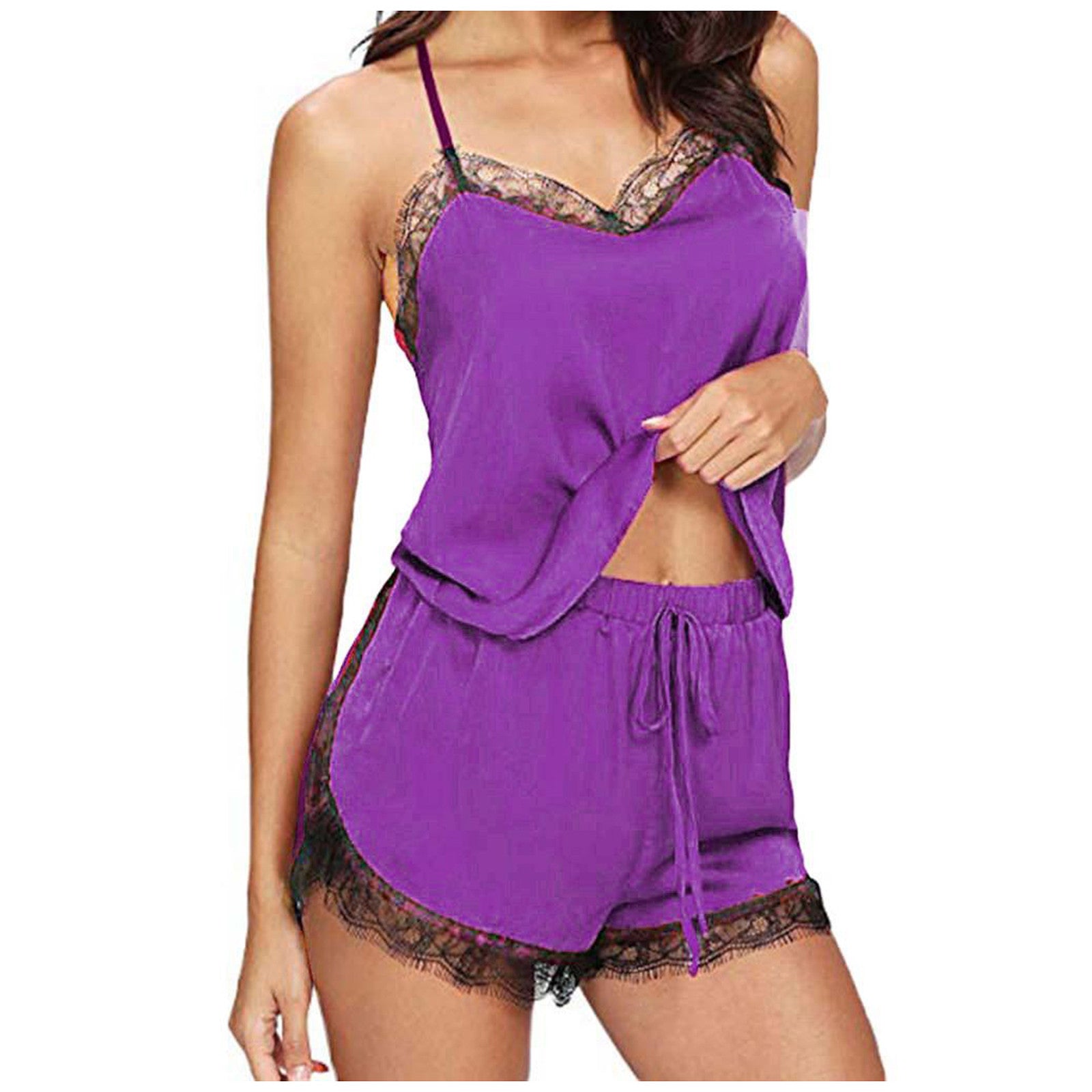 Lace V-Neck Satin Pajama Set — 2-Piece Sexy Sleepwear