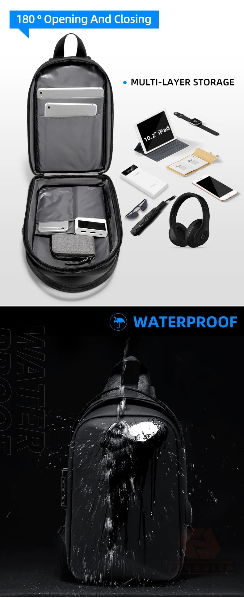 FENRUIEN Anti-Theft Waterproof Chest Pack – USB Charging Crossbody Shoulder Bag for Men