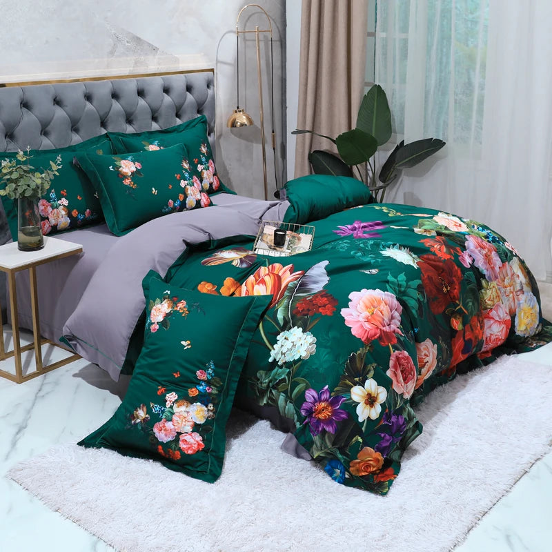 600TC Egyptian Cotton Bedding Set – Birds & Flowers Leaf Print, 16 Colors, Queen to US King