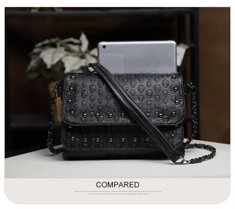 JIEROTYX England Style Skull Print PU Leather Crossbody Bag – Rivet Chain Shoulder Clutch for Women