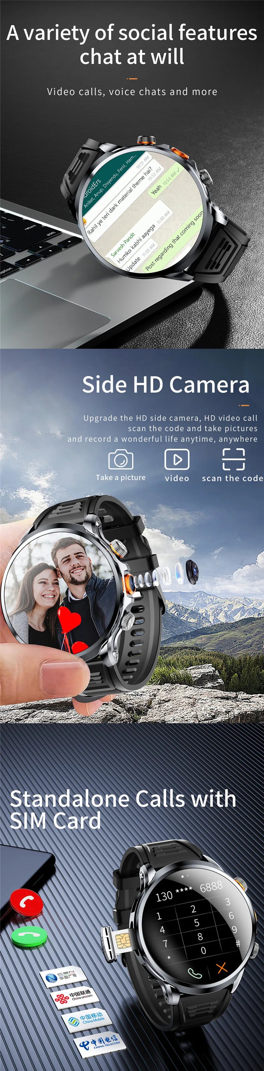 HUANLONG 4G LTE Android Smartwatch with Heart Rate Tracker GPS Navigation Remote Control SIM Card IP68 Waterproof Unisex Design