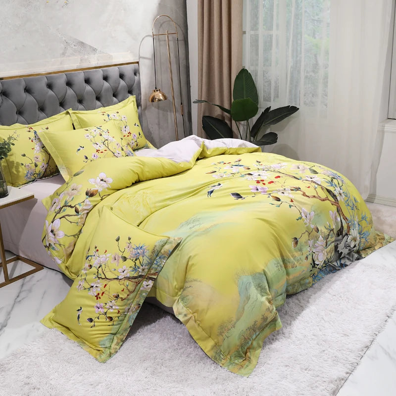 600TC Egyptian Cotton Bedding Set – Birds & Flowers Leaf Print, 16 Colors, Queen to US King