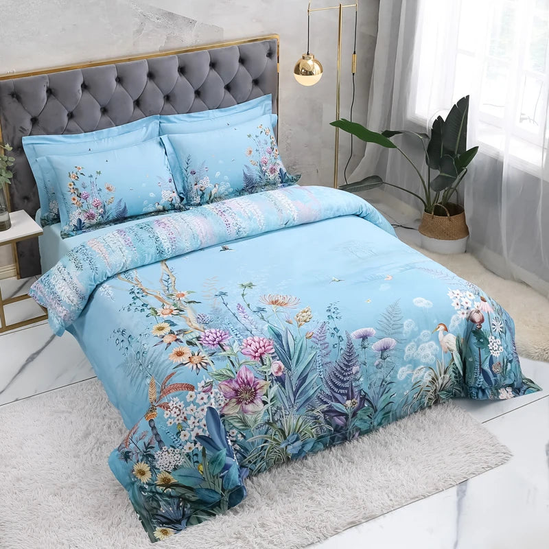 600TC Egyptian Cotton Bedding Set – Birds & Flowers Leaf Print, 16 Colors, Queen to US King